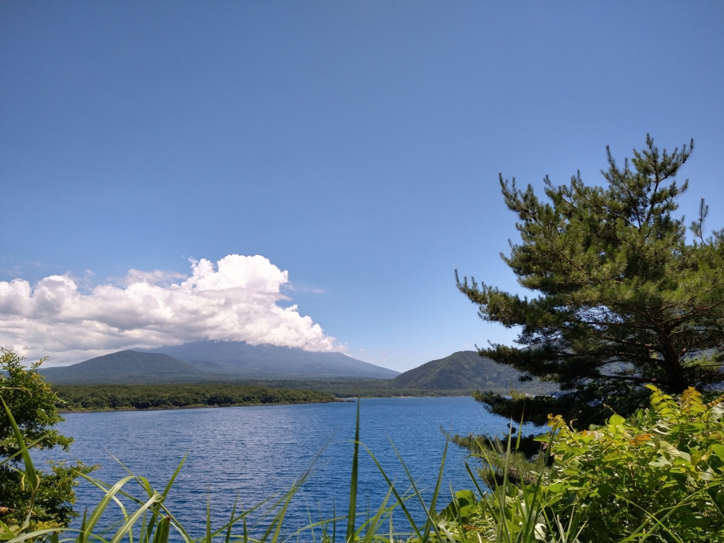 本栖湖越しの富士山。こちらも雲であまり見えず。