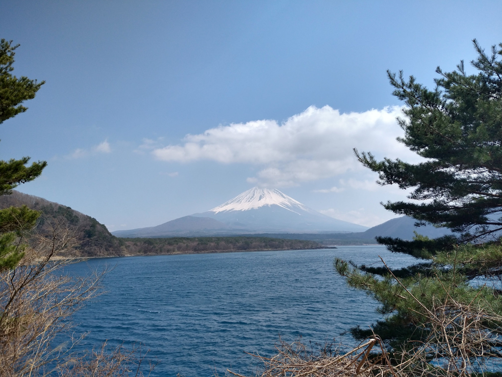 本栖湖越しの富士山。ちょっと霞（花粉？）が濃い感じでした。